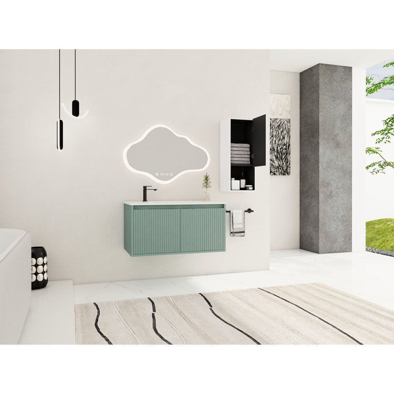 Meuble-lavabo de salle de bain moderne 36 "avec unité latérale, à fermeture douce, / blanc, armoire de rangement en résine et contreplaqué, blanc