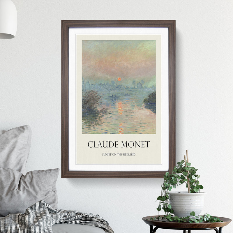 Sun Setting On The Seine by Claude Monet - Single Picture Frame Print, Walnut Framed, 48cm H x 36cm W x 2cm D