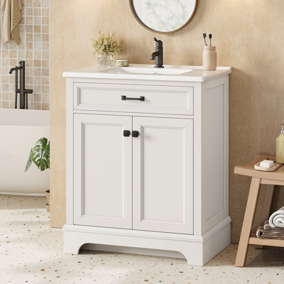 Meuble-lavabo simple 28 po avec comptoir en céramique et armoire de rangement à double porte