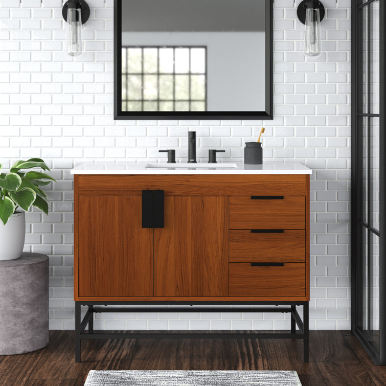 Industrial Free-Standing Bathroom Vanity Walnut & Black 3 Towel Shelves & 2  Doors