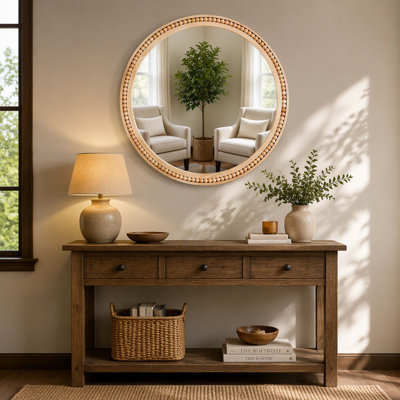 Hand‑Carved Beaded Round Wall‑Mount Mirror, Natural Finish Solid Wood Vanity Mirror for Bathroom, Entryway, Living Room, Fireplace, Farmhouse Home Decor