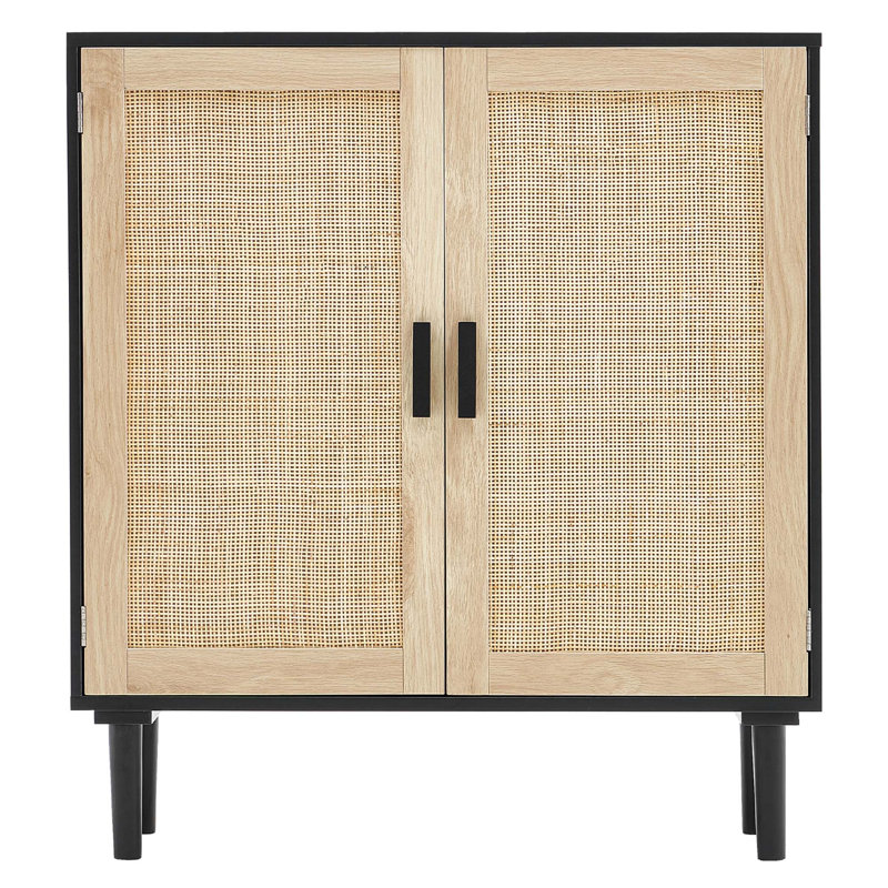 Rattan Storage Cabinet with Magnetic Doors and Adjustable Shelves, Black, 34.6" H x 31.5" W x 14.17" D