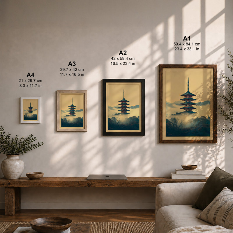 Pagoda in Mist Japandi - Framed Print, Unframed, A2 - 59.4 x 42.0 cm