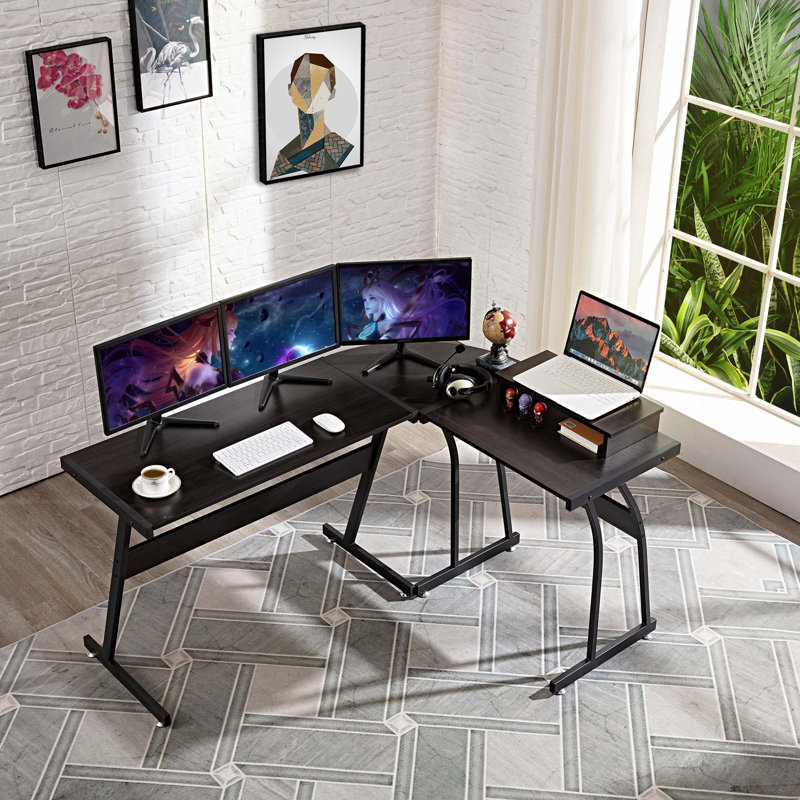 L-Shaped Metal Base Computer Desk, Black