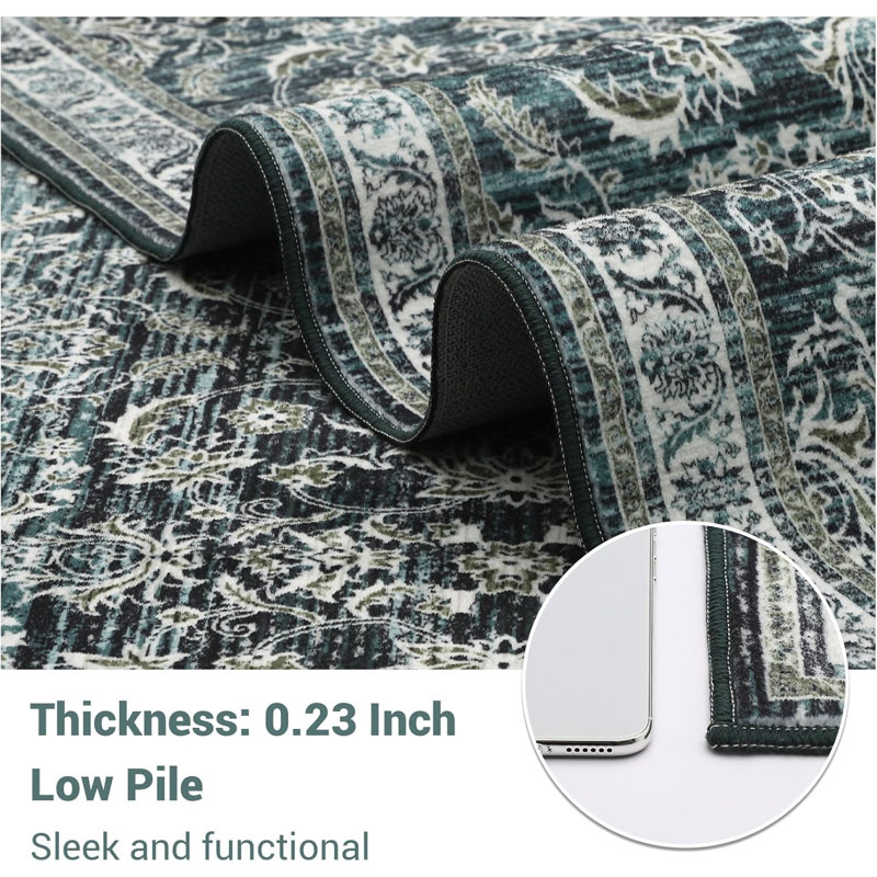 5x7 Washable Area Rugs Soft Vintage Floral Large Rug Foldable Low Pile Indoor Floor Carpet Farmhouse Non-Slip Throw Rugs Dining Room Charcoal Grey