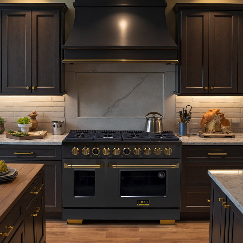 48 in. 6.7 cu. ft. 8 Burners Dual Fuel Range with Kucht Horus Thermostat, Stainless Steel/Gold, Liquid Propane