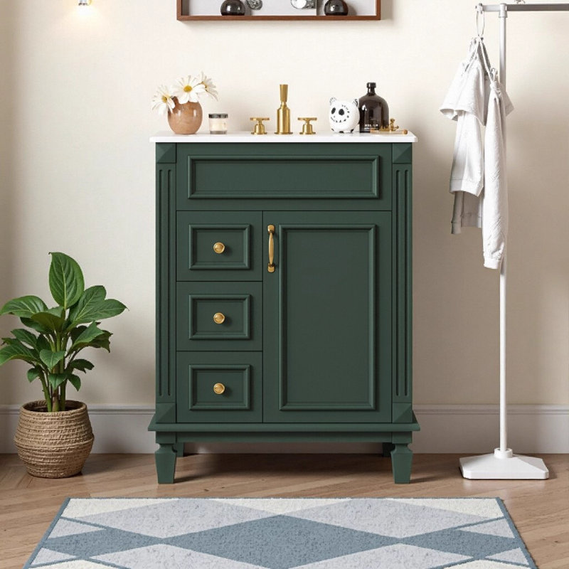 Meuble-lavabo de 24 po d'inspiration française avec lavabo en céramique, petite armoire avec 2 tiroirs à fermeture en douceur et tablette réglable, vert