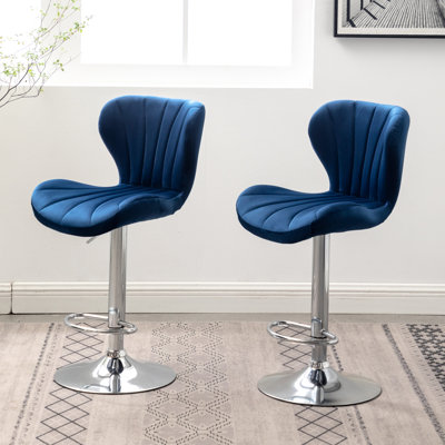 Adjustable Swivel , Blue Fabric Upholstery, Of 2, Gas-Lift Height Adjustment, Comfortable Footrest, Appealing Design Contemporary In - Upholstered Seat & Trim