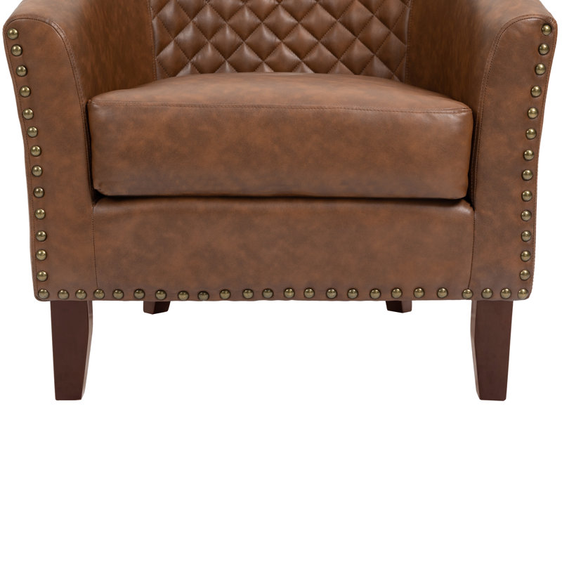 Edvardas Upholstered 29.11 Wide Brown Faux Leather Tufted Barrel Club Chair with Nailhead Trim, Brown Faux Leather