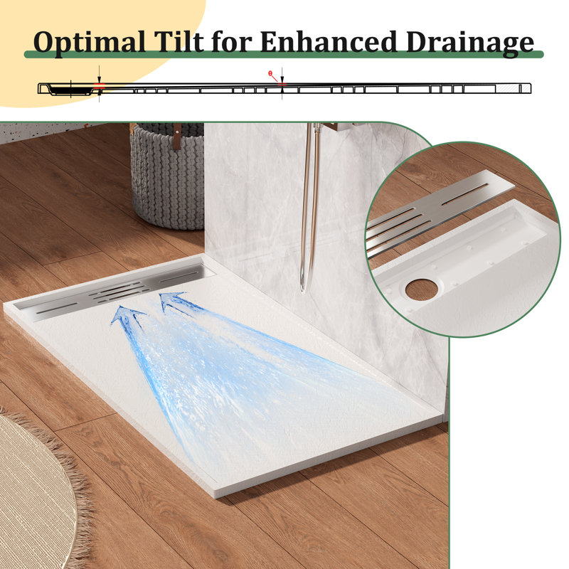 59/60＂W X 36＂D Smc Solid Surface Shower Pan Base With Drain Cover, Non-Slip, Low-Profile, Curbless, Wheelchair Accessible