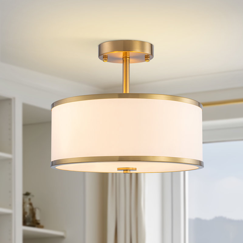 Nichoel 3-Light 5.12'' Drum Semi Flush Mount Ceiling Lights With Fabric Linen Shade, Gold