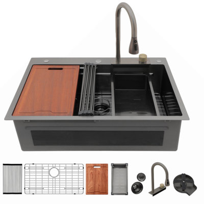 Évier de cuisine à cascade encastré noir Gunmetal - éviers de cuisine à rebord à cuve simple en acier inoxydable de calibre 16 de 33 po et 22 po avec robinet coulissant et laveuse à gobelets