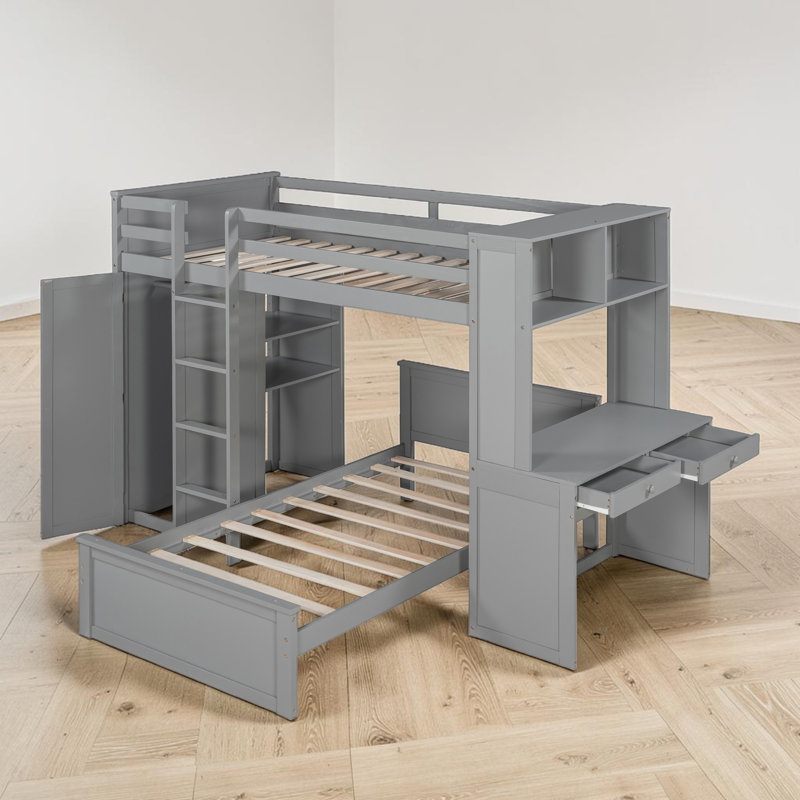 Lit superposé en forme de L avec bureau intégré et garde-robe, Gris, Simple sur simple