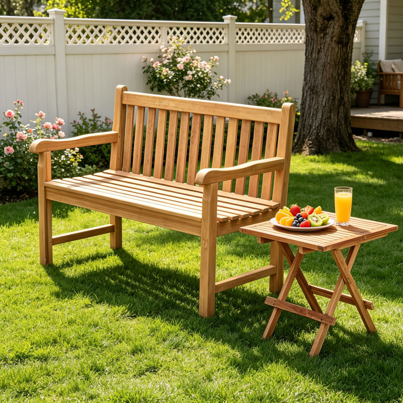 Ensemble de salon de jardin Aikam en teck pour 2 personnes avec table carrée pliante, Square Folding Table + 1 Teak Bench