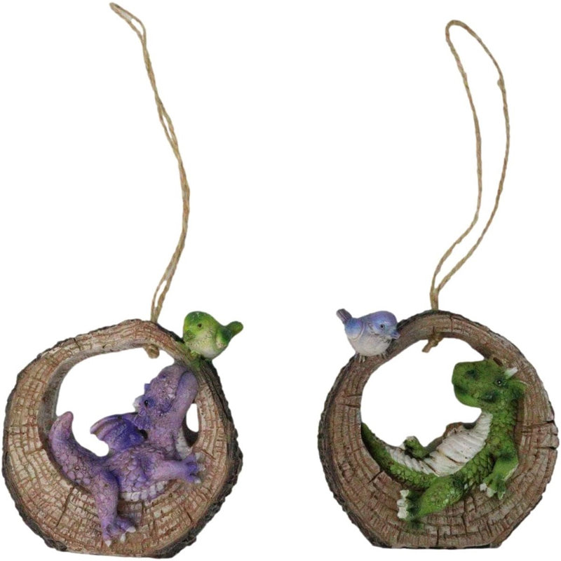 Pack Of 2 Whimsical Dragons With Birds In Tree Ring Decor Ornaments