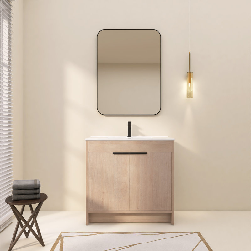 Meuble-lavabo autoportant 36 po avec lavabo en céramique blanche et 2 portes d'armoire à fermeture en douceur, Plaine légère 