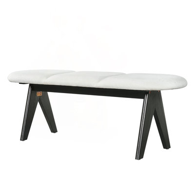 Upholstered Bench with White Fabric and Black Wood Legs