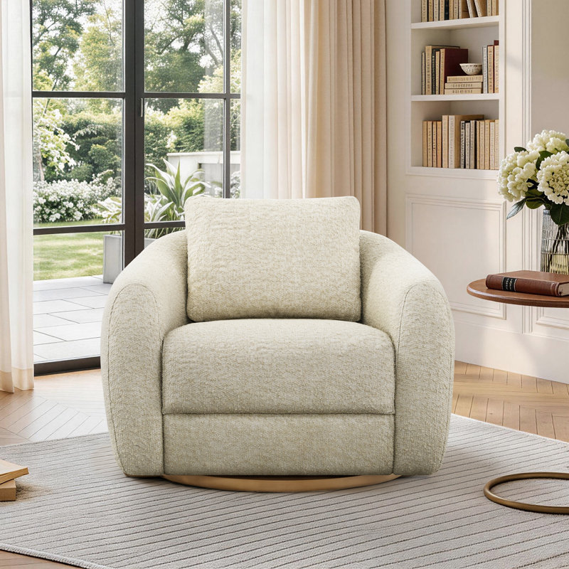 360° Swivel Accent Chair with Top-Grain Leather or Boucle Fabric and Wide Armrests, Cream