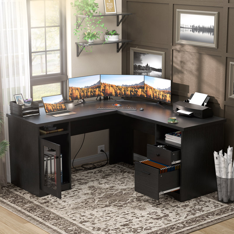 Detcho 60'' L Shaped Executive Desk with Drawers and Power Outlets, Black