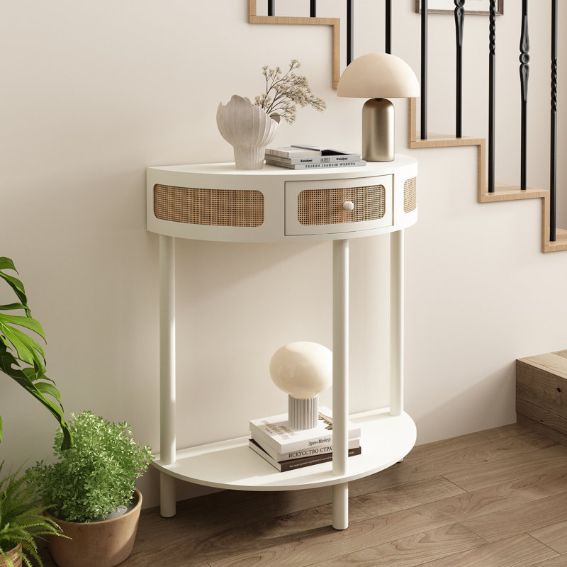 Cantina 31"W Half Round Solid Wood Console Table,Authentic Rattan Half Moon Accent Table, White/Natural