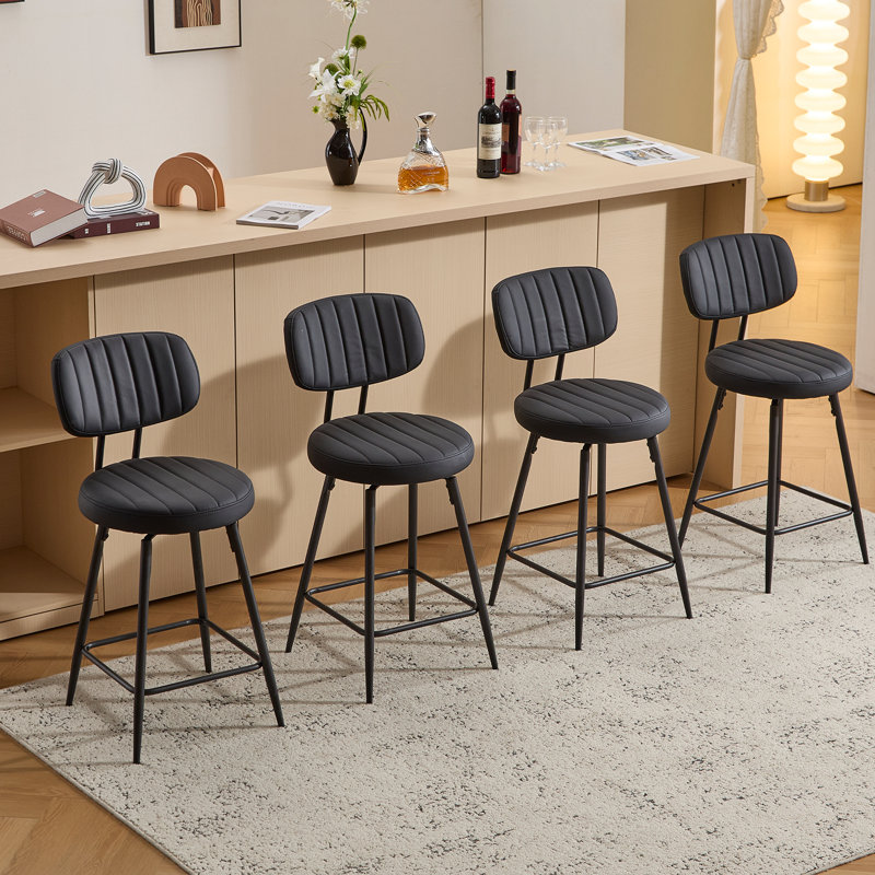 26" Modern Upholstered Swivel and Adjustable Height Bar Stool with Footrest (Set of 2), Black
