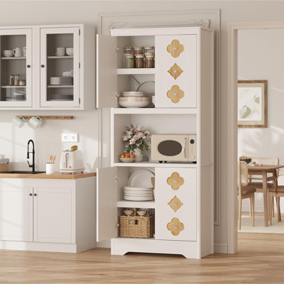 Mid Century Modern Kitchen Pantry Cabinet, 72" Tall Storage Cabinet with Microwave Shelf