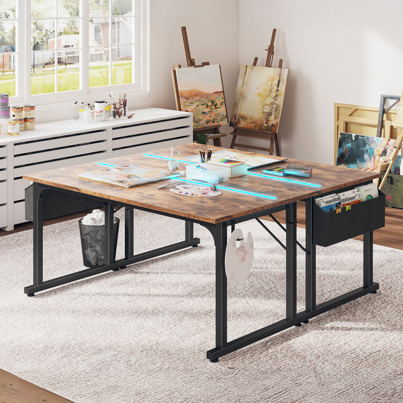 Home Office Computer Desk With LED Lights For Small Spaces, Study Writing Desk With Storage Bag And Headphone Hook