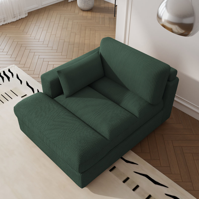 Chaise longue rembourrée avec coussin et pieds en bois massif l 42 po Stoneville, Left Hand Facing, Vert forêt