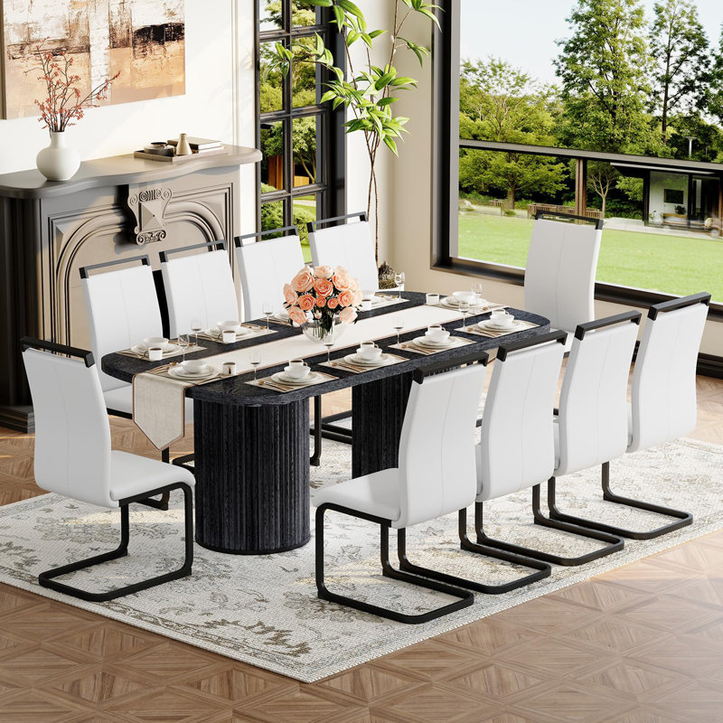 Ensemble de table de salle à manger 79 po pour 10 personnes, grand ensemble de table de salle à manger pour 10 personnes avec base à double piédestal cannelée et chaises rembourrées