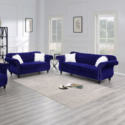 2Pc Sofa Set Living Room Furniture Indigo Velvet Upholstered Sofa Loveseat Crystal Tufted Seat Couch