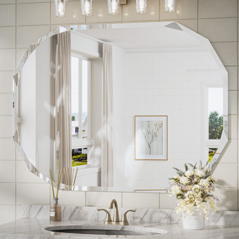 Pearlette Beveled Frameless Octagon Bathroom Vanity Mirror, 48" x 36"