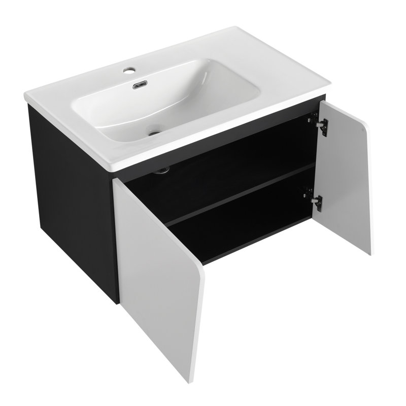 Meuble-lavabo flottant mural avec lavabo simple, 32", Blanc/Noir