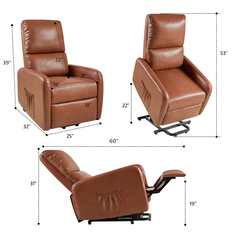 Power Lift Recliner Chairs with High Back & Side Pocket, Comfy Upholstered Single Sofa,PU, Brown