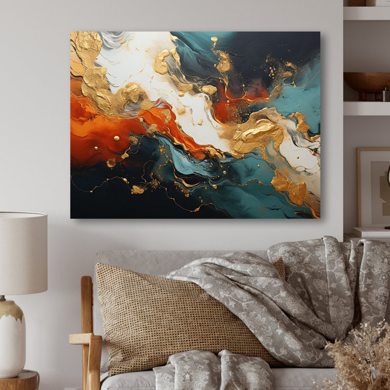 Bleu et or tempête de marbre II - art mural abstrait en métal MT137159, H 30 po x l 40 po x P 1,5 po