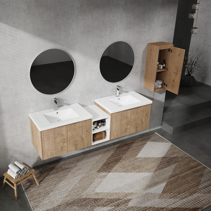 Meuble-lavabo mural avec lavabo et armoire latérale, portes à fermeture en douceur, 71"