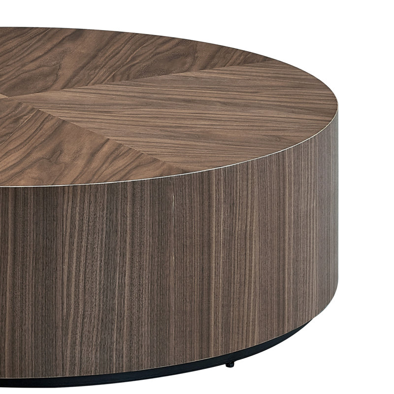 35.4" Round Drum Coffee Table - Modern MDF Design In Walnut/Black, No Assembly Required, Perfect For Living Rooms & Apartments