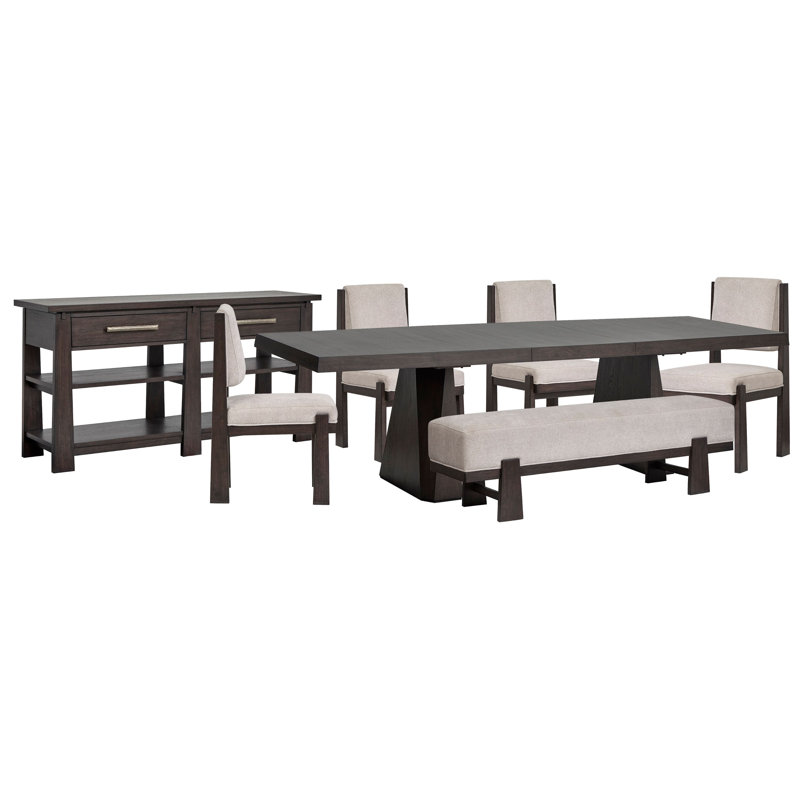 Extendable Double Pedestal Dining Table With 4 Upholstered Side Chairs Bench And Sideboard