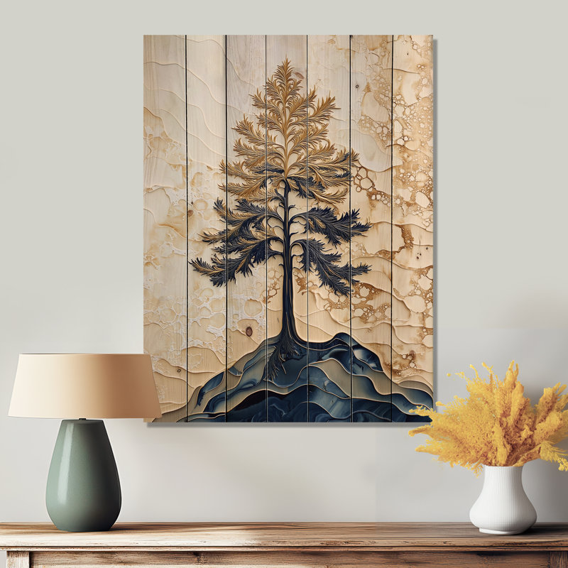 Cèdre de la forêt d'hiver - impression traditionnelle en bois doré sur bois de pin naturel, H 44 po x l 34 po x P 0,78 po