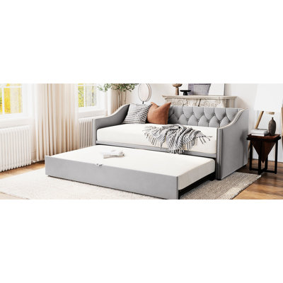 Gray Upholstered Twin Daybed With Pop Up Trundle - Versatile For Different Rooms, No Foundation Required Suits Needed