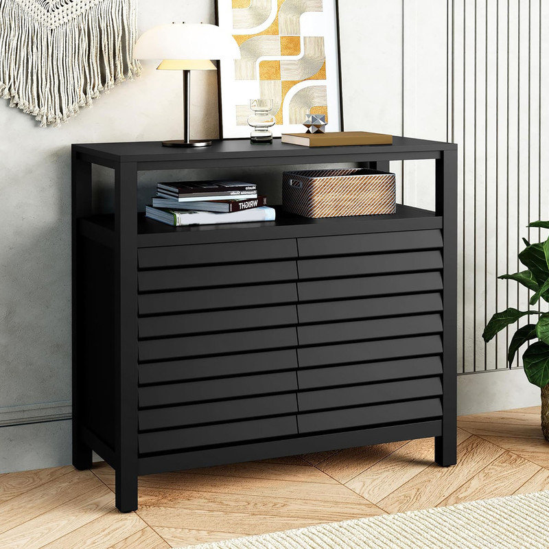 Black Louvered Door Accent Cabinet with Open Shelf