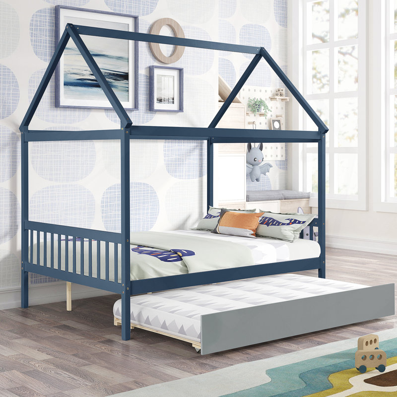 Lit simple avec lit gigogne House, Marine, Double