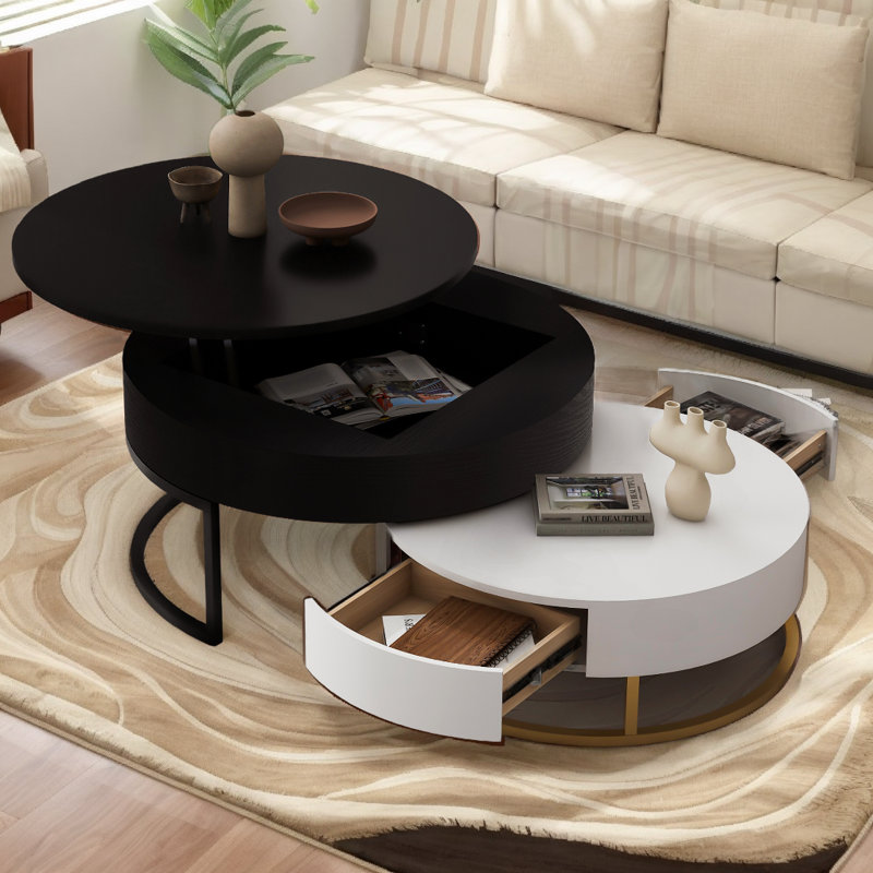 Jonah Coffee Table, Lift-Top Round Nesting Table With 2 Drawers, Black/White