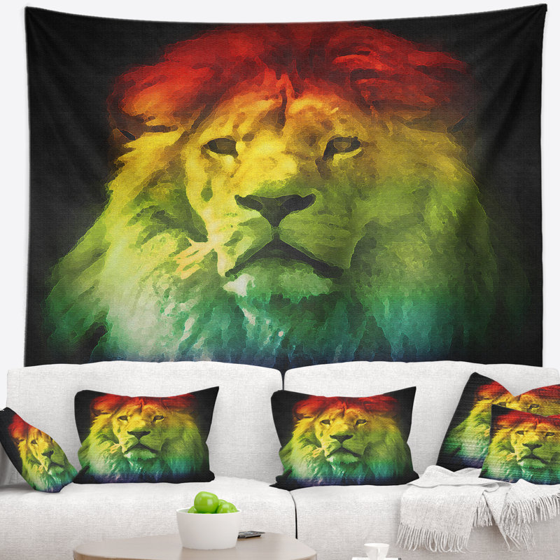Tapisserie colorée de tête de lion Animal, H 50 po x l 60 po