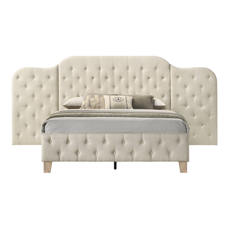 Lit à panneau tapissier beige Aishe, Grand