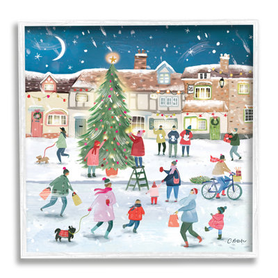 «Christmas Tree Town Scene» encadré sur bois par Clair Rossiter, peinture