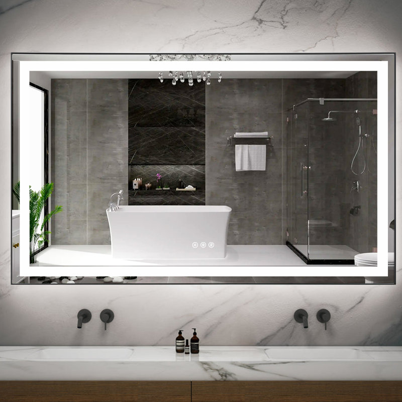 Eleen Rectangular Gold Frame Modern High Lumen Lighted LED Mirror Anti-Fog Wall Mounted Bathroom Vanity Mirror with Lights Large Dimmable Makeup Mirror Home Decor Mirror(Horizontal/Vertical)
