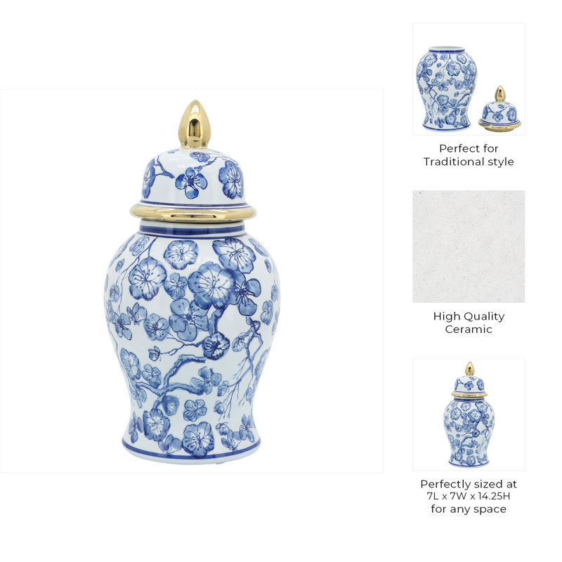 Manado 14" Ceramic Temple Jar with Lid Contemporary Vintage Style Blue and White Chinoiserie Floral Design