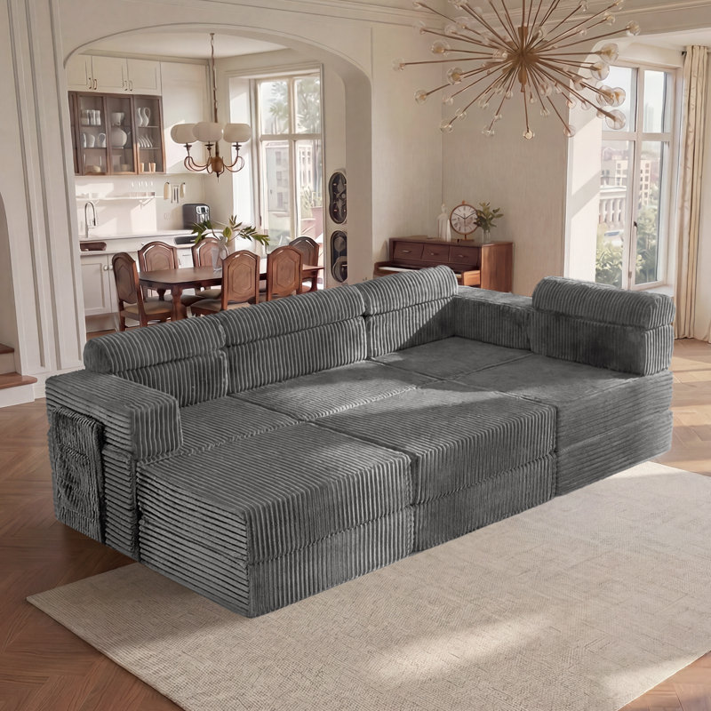  Sisler 6 Piece 141.6" Oversized L Shape Upholstered Convertible Modular Corduroy Compression Sofa with Storage Pockets, No Assembly