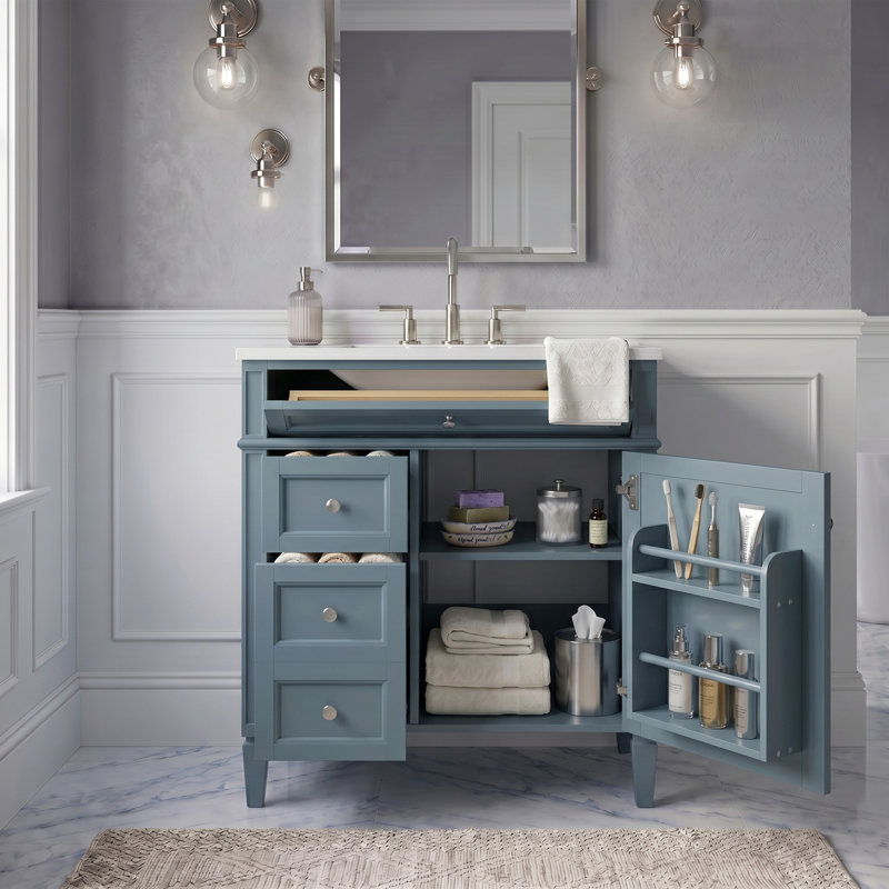 Meuble-lavabo bleu 30 po avec lavabo supérieur, meuble-lavabo moderne simple à 2 tiroirs et tiroir basculant, smoke blue