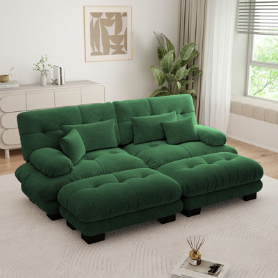 Ensemble de canapé Cloud 2 places en chenille avec 2 repose-pieds, canapé de salon à assise profonde et coussins, vert émeraude
